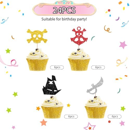 24pcs Pirate Cupcake Toppers, Pirate Birthday Cupcake Toppers, Nautical Sailing Skull Cupcake Picks for Baby Shower/1st Birthday Party Supplies