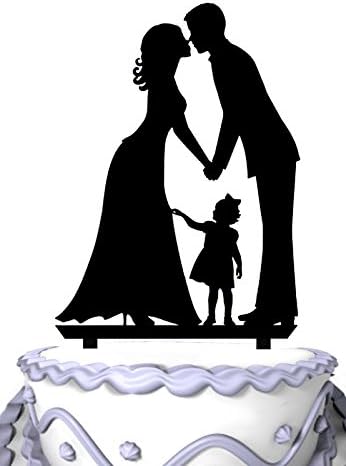 Meijiafei Bride and Groom Acrylic Funny Wedding Cake Stand Black Wedding Birthday Kissing Cake Toppers Cake Decorations Cake Topper with Little Girl