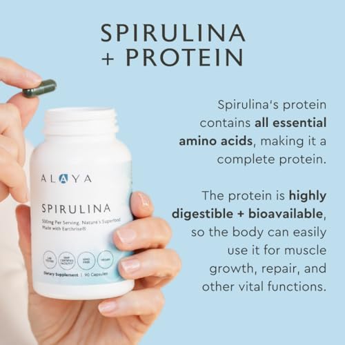 Alaya Naturals Pure Spirulina Capsules – Hawaiian-Grown Blue Green Algae Superfood, Non-GMO, Vegan – 500mg, 90 Capsules