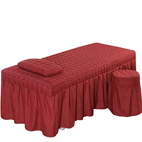 3pcs Set Beauty Salon Massage Table Bed Sheet Skirt SPA Bedspread Full Cover with Pillowcase, Stool Cover… (180x60,Wine Red)