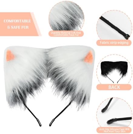Cat Ears and Tail,Wolf Fox Ears Long Tail and Bell Lace Choker Set for Halloween,Animal Cosplay Party Costume