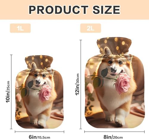 Dog with Roses Gold Hot Water Bottle with Soft Velvet Cover Hot Water Bag for Neck, Shoulder and Menstrual Cramps, 2 Liters