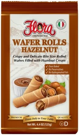 Flora Wafer Rolls Hazelnut – Italian Rolled Wafers with Hazelnut Cream – Light & Crispy Oven Baked Snack – 4.4 oz (125g)