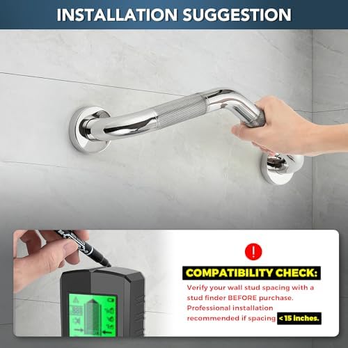 Grab Bars for Bathtubs and Showers- 1-1/4 x 16 Angled Shower Grab Bar for Seniors Knurled Stainless Steel Handicap Grab Bars for Wall, 15" Hole Center (Polished Nickel, 1 Pack)