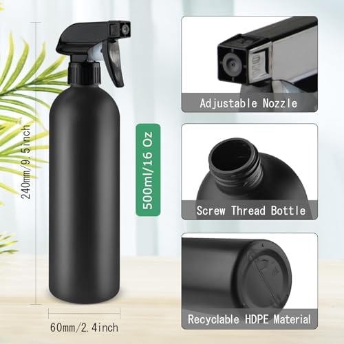 500ml/16 Oz Plastic Spray Bottles,Empty Heavy Duty Adjustable Fine Mist and Stream Container for Home Garden Plant,Essential Oils,Hair,Household Cleaning Solutions-Black,6 Pack