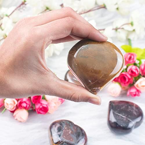 Crocon 50mm Red Tiger Eye Heart stone Big Heart Shape Puff Stones Set 450+ Carats Pocket Crystal Healing Tumble Collection Palm Worry Stone Good Luck Charm Meditation Gift Craft Home Decor