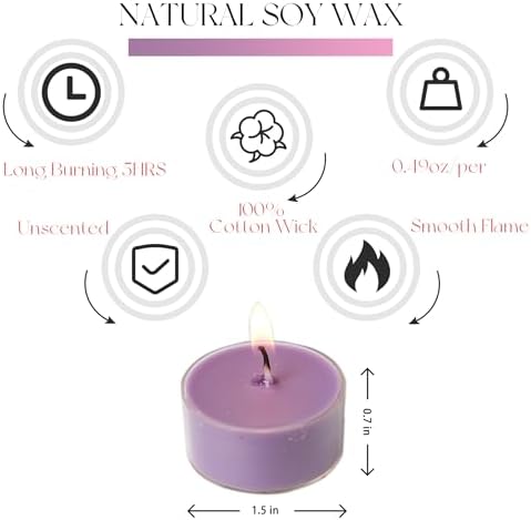 12 Unscented Natural Soy Tealight Candles in Clear Cups, 5H Long Clean Burning, Hand-Poured Purple Mini Tea Candle Set for Parties, Spa, Meditation, Gift, Holiday, Emergency, Home Decor