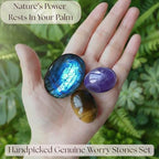 Protection & Anxiety Relief Crystal Set - Polished Palm Stones Labradorite, Tiger Eye & Amethyst, Worry Stones Trio for Meditation, Yoga, Travel Protection, Aura Cleansing & Chakra Balance