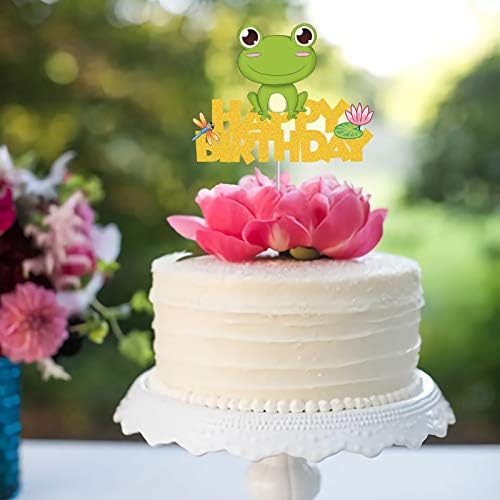 Gold Glitter Frog Happy Birthday Cake Topper for Baby Shower, Kids Birthday Party Decorations,Rainforest Party Decor, Frog Princess Cake Decor,Frog Birthday Decor