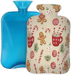 Hot Water Bottle with Cover 2 Liter, Christmas Cookies Candy Hot Cocoa Rubber Hot Water Bag for Pain Relief Headaches Cramps and Winter Warmth