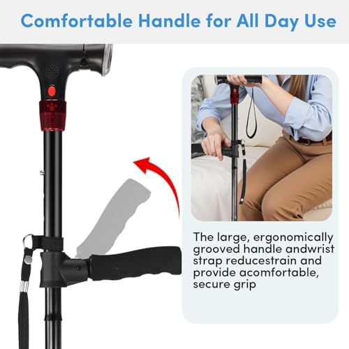 Walking Cane for Men & Women with Alarm, LED Light and Foldable Handle, Foldable, Adjustable, Lightweight, Free Self Standing Walking Cane for Seniors & Adults