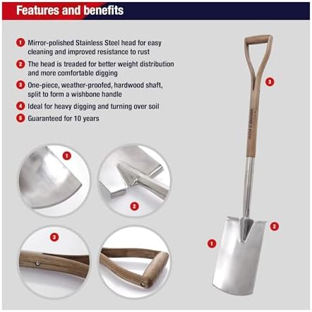 Spear & Jackson Digging Spade, Traditional Stainless Range Garden Tool, Treaded Stainless Steel Head and Ash Wood Handle for Efficient Soil Digging