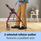 Medline 2-Wheel Rollator Walker, for Adults and Seniors, 300 lb. Weight Capacity, Burgundy, 5-Inch Wheels, Padded Seat, Foldable, Adjustable Handles, Pressure-Activated Brakes