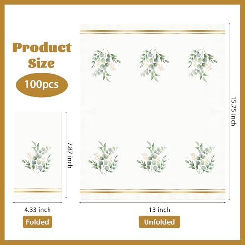100Pcs Eucalyptus Paper Napkins 3 Ply Eucalyptus Spring Wedding Disposable Absorbent Hand Towels Sage Green Guest Dinner Paper Napkins for Wedding Spring Baby Bridal Shower Birthday Party Supplies