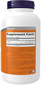 NOW Foods Supplements, L-Lysine (L-Lysine Hydrochloride) 1,000 mg, Double Strength, Amino Acid, 250 Tablets