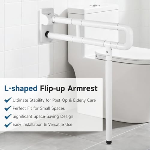 Flip Up Handicap Grab Bar, Hybodies Wall Mounted Folding Toilet Safety Rail with Floor Support, Non-Slip Toilet Handle for Bathroom, Assist Bar Handrails for Elderly Disabled Senior Pregnant