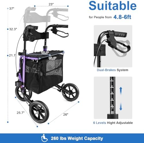 WALK MATE 3 Wheel Rollator Walker with Seat for Slim Seniors, Padded Backrest Lightweight Foldable Travel Walker Ideal for Elderly, 8 Inch Tri-Wheel Modern Mobility Walking Aid Aluminum, Purple