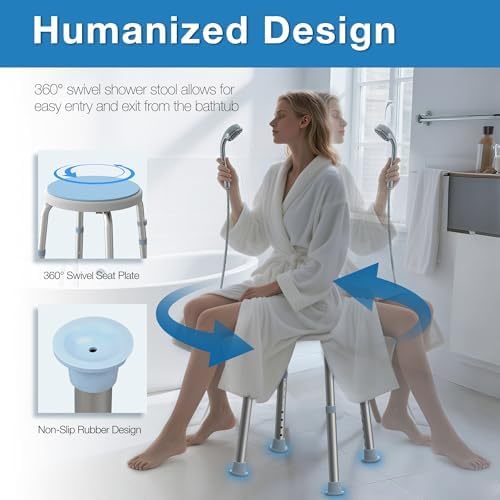Swivel Shower Stool for Inside Shower, 360° Rotating Stool with Non-Slip Seat Pad, Adjustable Shower Chair for Seniors with 6 Height Levels, Lightweight Seat Up to 300 lbs, Tool-Free Assembly