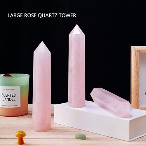 Apengshi Large Rose Quartz Natural Healing Crystal Tower 5.9"-6.3" 6 Faceted Single Point Love Energy Charger Crystal Wand Stone Meditation Home Decor Collection Gift