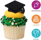 DecoPac Grad Hat Cupcake Toppers, 24 Graduation Cake Decorations, Black Grad Hat Rings, Food Safe Cake Decorations - 24 Pack