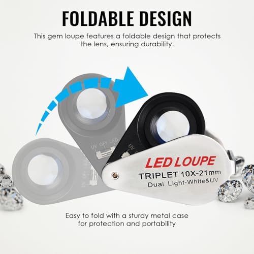 10x Foldable Pocket Magnifier Loupe with UV and LED Light for Jewelry, Rocks, Coins, and Antiques - Illuminated Magnifying Tool for Eye, Stamps, Watches, Hobbies, and Gems