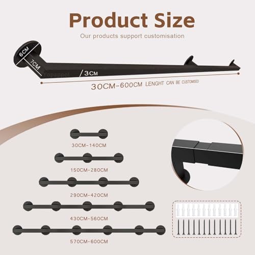 30-600cm Metal Staircase Handrail, Non-Slip Bar Foot Rail Indoor Outdoor Stairs Banister Railing Support Rod with Wrought Iron Brackets and Screws, Wall Support Hand Railings(9.2 FT)
