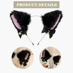 4 Pcs Cat Ears and Wolf Fox Animal Tail Cosplay Costume, Faux Fur Hair Clip Headdress Halloween Leather Neck Chocker Set Black Cat Ears and Wolf Fox Animal Tail Cosplay Girls Women