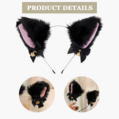 4 Pcs Cat Ears and Wolf Fox Animal Tail Cosplay Costume, Faux Fur Hair Clip Headdress Halloween Leather Neck Chocker Set Black Cat Ears and Wolf Fox Animal Tail Cosplay Girls Women