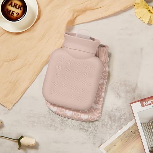 Amylove Mini Hot Water Bottle with Knitted Cover 320ml, Mother's Gift Water Bag for Women, Microwave Heating Bottle for Pain Relief Menstrual Cramps Travel(Beige)