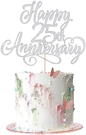 Silver Glitter Happy 25th Anniversary Cake Topper - Company Anniversary Party /25th Birthday Party Decorations