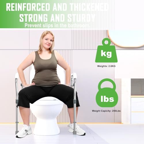 Toilet Safety Rail for Seniors with 2 Reinforced Nuts, Height & Width Adjustable Toilet Safety Frame for Elderly, Handicap & Disabled Bathroom Assist Rail with Armrests 250 LB (White)
