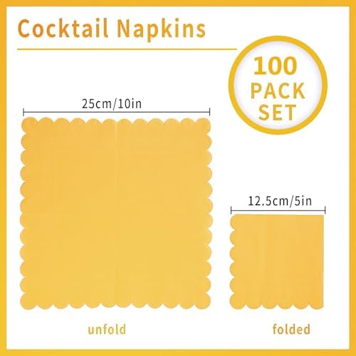 100 Pack Cocktail Napkin 2-Ply Scalloped Edged Dessert Napkins Folded 5 x 5 Inches Disposable Napkins for Dinner Wedding Birthday Party Bridal Anniversary Reception Event (Yellow)
