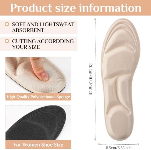 4 Pairs Arch Support Insoles for Women, Memory Foam Cushion Shoe Inserts, Breathable High Heel Inserts, 5d Barefoot Comfort Shoe Pad for Massaging Arch Pain Relief(Beige)