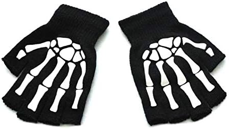 Unisex Adult Halloween Skeleton Skull Half Finger Gloves Glow in the Dark Fingerless Stretch Knitted Winter Mittens Black