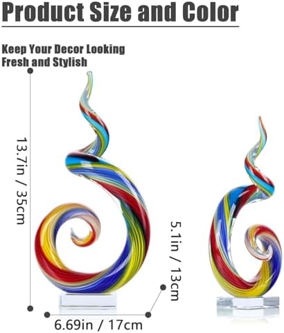 XMGZQ 13.7" Colour Hand-Blown Art Glass Sculpture,Abstract Rainbow Swirl Style Sea Glass Statue and Figurine,Coastal Ocean Nautical Home Decor,Shelf,TV Stand,Tabletop Centerpieces,Wonderful Gift