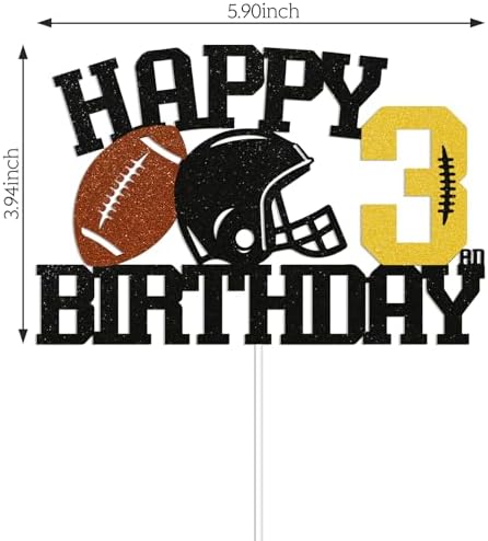 Football Happy 3rd Birthday Cake Topper - Football Sports Theme Birthday Party Decorations for Boys, Three Years Old Birthday Party Supplies Black Glitter