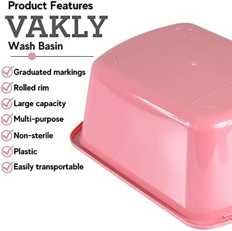 Vakly Wash Basin 7-Quart [5 Pack] Pink – Rectangular Plastic Tub with Graduated Markings, Small Portable Soaking Basin for Face Washing, Foot Bath, Laundry & Bedside Care