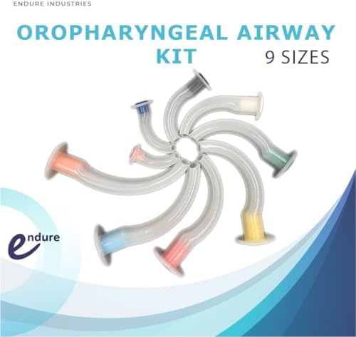 Endure Oropharyngeal Airway Kit, 9 Pieces, Sizes 40mm - 120mm, Color-Coded by Size, with 2 Pack of Sterile Non-Woven Sponges