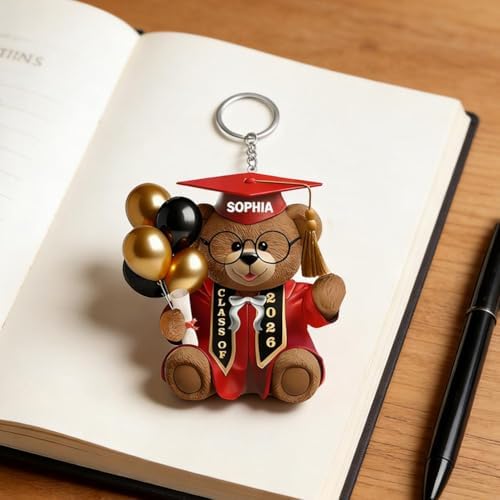 Graduation Bear Personalized Acrylic Keychain,Custom Name Class Year Gift for Graduate,Graduation Gift for Her Him Class of 2026 Accessory