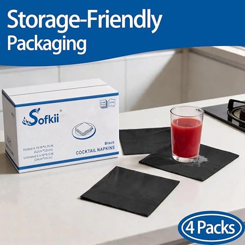 400 Count Black Cocktail Napkins, 4.75x4.75 Inch 2-Ply Disposable Paper Napkins, Bulk Beverage Napkins for Dinner Wedding Bar Party and Daily Use