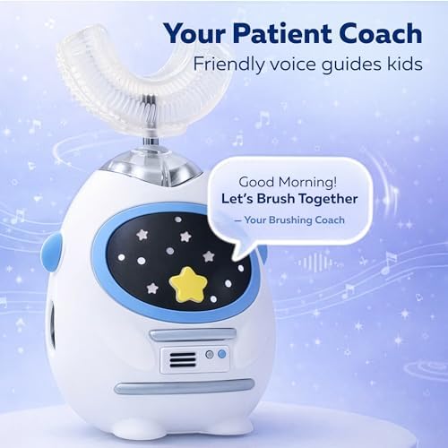 Kids U-Shaped Electric Toothbrush, Voice Guidance & Music Guided Brushing, 4 Brush Heads, 3 Modes, 360° Gentle Silicone, Type-C Charging, for Ages 3-12 (Heroic White)