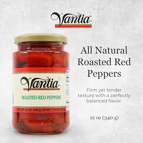 Vantia Roasted Red Peppers 12 oz Jar – Fire-Roasted Sweet Peppers in Brine, Tender & Flavorful for Sandwiches, Salads, Antipasto & Mediterranean Cooking