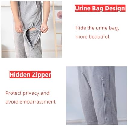 Catheter Leg Bag Pants for Men/Women,Pants for bedridden Patients,Catheter Clothing,Cotton Pants for Urine Bags After Surgery,Drainage Bags Can Be Hidden in Pants Grey