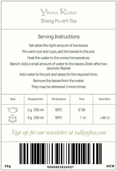 Valley of Tea Sheng Pu-erh Tea, 50g, Young Pu erh, Naked Tea, Yunnan China, Chinese Pu Er, Green, Loose Leaves