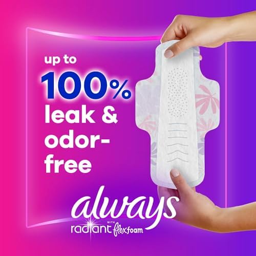 Always Radiant Feminine Pads for Women, Flexfoam Pads with Wings, Size 1, Regular Absorbency, Lightly Scented, 90 Count (3 Packs of 30)