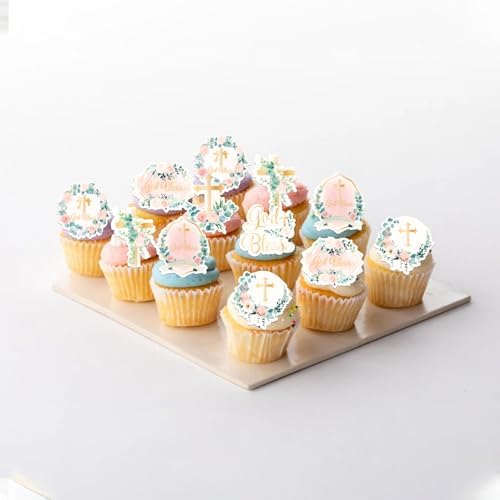 Rsstarxi 60 Pack Edible Pink Floral God Bless Cupcake Toppers Edible Baptism Cake Decorations Christian Cupcake Picks for Baby Shower Girls Gender Reveal Religious Party Decorations
