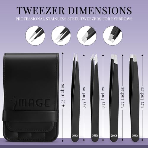Tweezers for women facial 4 Piece Stainless Steel Precision Tweezers Kit with Leather Case for women & men Multi purpose as eyebrows facial hair ingrown hair removal