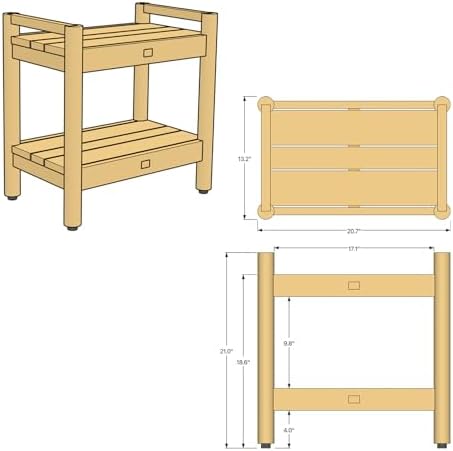 Asta Select Solid Teak 20" Shower Bench with Arms, Portable Teak Wood Spa/Shower/Outdoor Bench with Storage Shelf, Accent Side Table, Fully Assembled, ST-61A