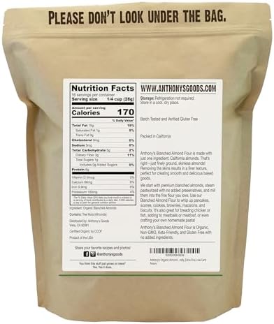 Anthony's Organic Almond Flour, 1 lb, Blanched, Gluten Free, Non GMO, Keto Friendly, Extra Fine, Low Carb