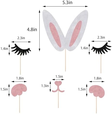 6 PCS Easter Bunny Ears Cake Topper Decorations with Eyelashes Nose Ear, Cupcake Topper for Boy Girl Baby Shower Cake Decoration, Happy Easter Spring Themed Party Supplies